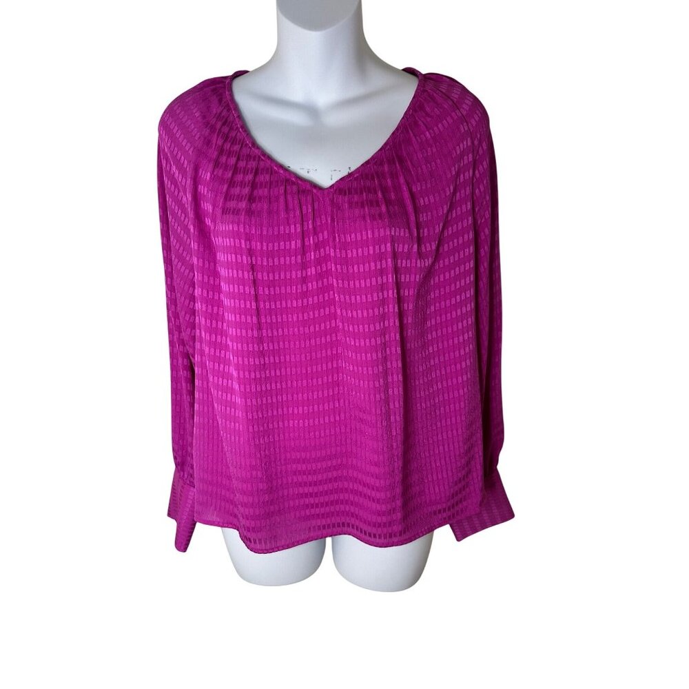 Calvin Klein Womens Fuchsia Long Sleeve Blouse With Textured Checkered Pattern S